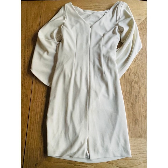 $260 BETSY and ADAM Jordan Draped Arm Scuba Crepe Sheath White Dress SIZE 6 EUC - Picture 6 of 9